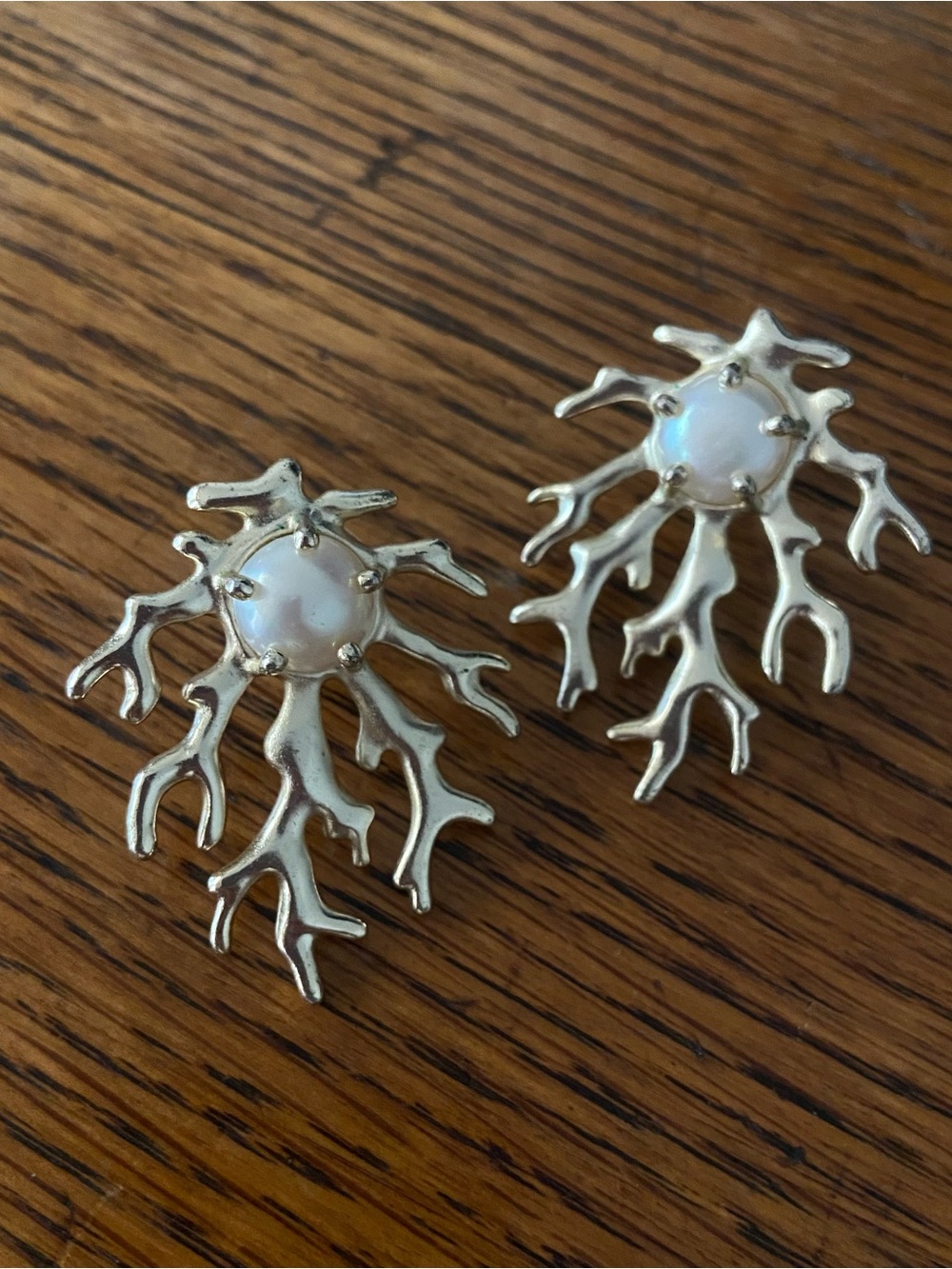 Silver-Tone Coral Branch Earrings with Iridescent Center